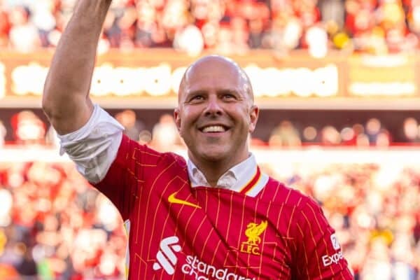 LIVERPOOL, ENGLAND - Sunday, April 27, 2025: Liverpool's head coach Arne Slot celebrates after winning the League Title after the FA Premier League match between Liverpool FC and Tottenham Hotspur FC at Anfield. Liverpool won 5-1. (Photo by David Rawcliffe/Propaganda)