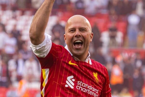 LIVERPOOL, ENGLAND - Sunday, April 27, 2025: Liverpool's head coach Arne Slot celebrates after winning the League Title after the FA Premier League match between Liverpool FC and Tottenham Hotspur FC at Anfield. Liverpool won 5-1. (Photo by David Rawcliffe/Propaganda)