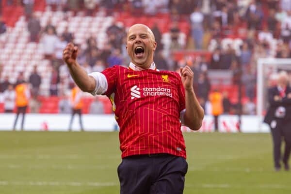 LIVERPOOL, ENGLAND - Sunday, April 27, 2025: Liverpool's head coach Arne Slot celebrates after winning the League Title after the FA Premier League match between Liverpool FC and Tottenham Hotspur FC at Anfield. Liverpool won 5-1. (Photo by David Rawcliffe/Propaganda)