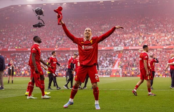 LIVERPOOL, ENGLAND - Sunday, April 27, 2025: Liverpool's Kostas Tsimikas celebrates after winning the League Title after the FA Premier League match between Liverpool FC and Tottenham Hotspur FC at Anfield. Liverpool won 5-1. (Photo by David Rawcliffe/Propaganda)