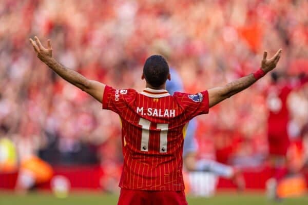 LIVERPOOL, ENGLAND - Sunday, April 27, 2025: Liverpool's Mohamed Salah celebrates at the final whistle after winning the League Title after the FA Premier League match between Liverpool FC and Tottenham Hotspur FC at Anfield. Liverpool won 5-1. (Photo by David Rawcliffe/Propaganda)