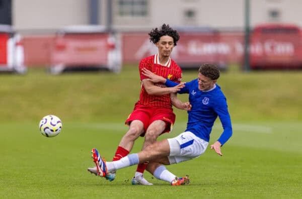 KIRKBY, ENGLAND - Saturday, May 3, 2025: Liverpool's DJ Esdaille (L) is challenged by Everton's Josh Van Schoor during the Under-18's Premier League North match between Liverpool FC Under-18's and Everton FC Under-18's, the Mini-Mini-Merseyside Derby, at the Liverpool Academy. (Photo by David Rawcliffe/Propaganda)