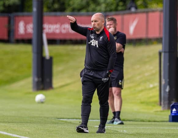 KIRKBY, ENGLAND - Saturday, May 3, 2025: Liverpool's Under-18's head coach Marc Bridge-Wilkinson during the Under-18's Premier League North match between Liverpool FC Under-18's and Everton FC Under-18's, the Mini-Mini-Merseyside Derby, at the Liverpool Academy. (Photo by David Rawcliffe/Propaganda)