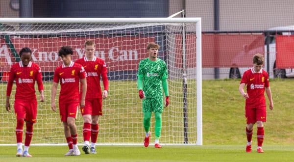 KIRKBY, ENGLAND - Saturday, May 3, 2025: Liverpool's goalkeeper Kornel Misciur reacts as Everton score the opening goal during the Under-18's Premier League North match between Liverpool FC Under-18's and Everton FC Under-18's, the Mini-Mini-Merseyside Derby, at the Liverpool Academy. (Photo by David Rawcliffe/Propaganda)