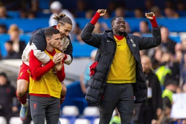 LONDON, ENGLAND - Sunday, May 4, 2025: Liverpool's Andy Robertson, Kostas Tsimikas, Ibrahima Konaté celebrate as Champions after the FA Premier League match between Chelsea FC and Liverpool FC at Stamford Bridge. (Photo by David Rawcliffe/Propaganda)