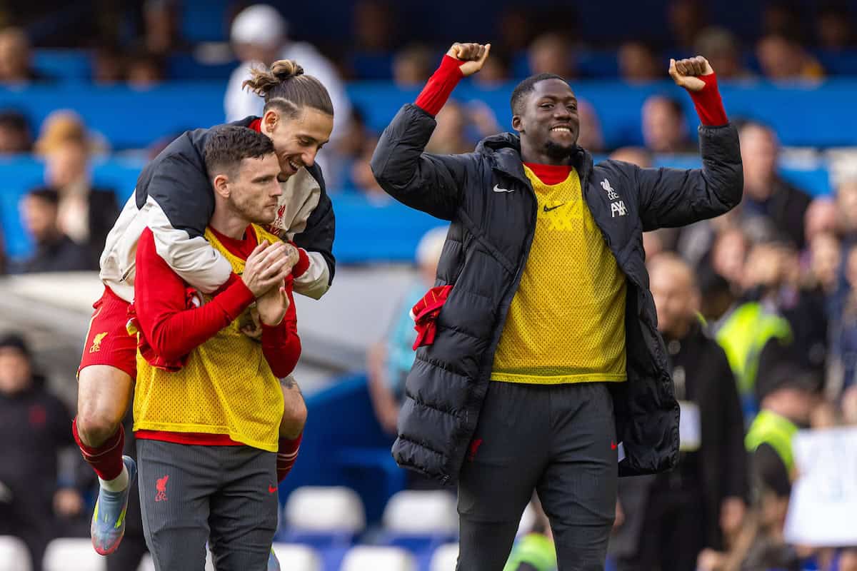 LONDON, ENGLAND - Sunday, May 4, 2025: Liverpool's Andy Robertson, Kostas Tsimikas, Ibrahima Konaté celebrate as Champions after the FA Premier League match between Chelsea FC and Liverpool FC at Stamford Bridge. (Photo by David Rawcliffe/Propaganda)