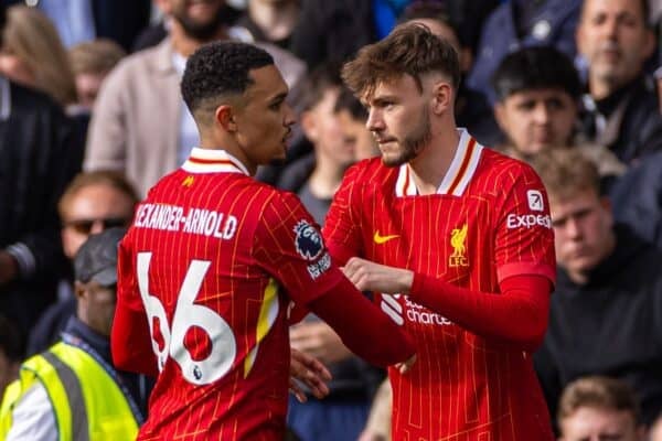 LONDON, ENGLAND - Sunday, May 4, 2025: Liverpool's Trent Alexander-Arnold is substitute for Conor Bradley during the FA Premier League match between Chelsea FC and Liverpool FC at Stamford Bridge. Chelsea won 3-1. (Photo by David Rawcliffe/Propaganda)