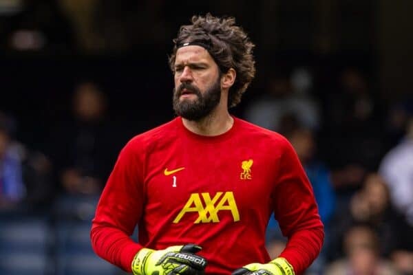 LONDON, ENGLAND - Sunday, May 4, 2025: Liverpool's goalkeeper Alisson Becker during the pre-match warm-up before the FA Premier League match between Chelsea FC and Liverpool FC at Stamford Bridge. (Photo by David Rawcliffe/Propaganda)