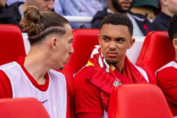 LIVERPOOL, ENGLAND - Sunday, May 11, 2025: Liverpool's substitute Trent Alexander-Arnold on the bench before the FA Premier League match between Liverpool FC and Arsenal FC at Anfield. (Photo by David Rawcliffe/Propaganda)
