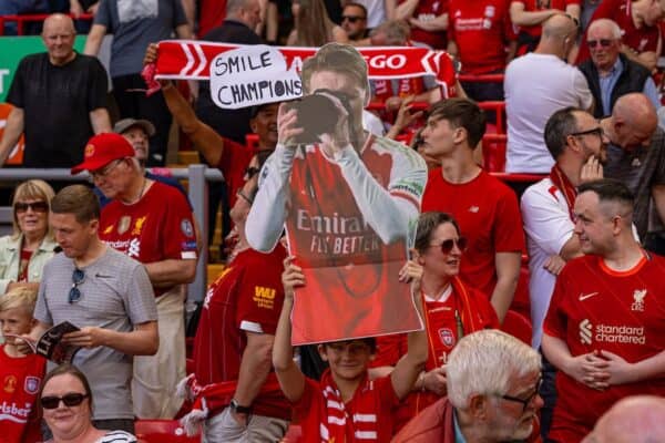 LIVERPOOL, ENGLAND - Sunday, May 11, 2025: Liverpool supporters' cut-out of Arsenal's captain Martin Ødegaard taking a photo of the Champions during the FA Premier League match between Liverpool FC and Arsenal FC at Anfield. (Photo by David Rawcliffe/Propaganda)