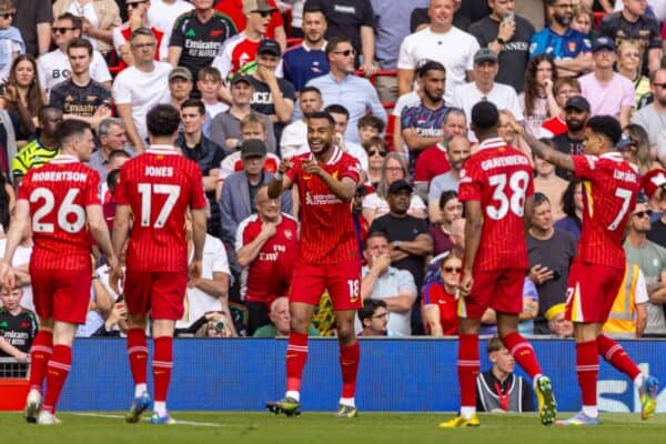 LIVERPOOL, ENGLAND - Sunday, May 11, 2025: Liverpool's Cody Gakpo celebrates after scoring the opening goal during the FA Premier League match between Liverpool FC and Arsenal FC at Anfield. (Photo by David Rawcliffe/Propaganda)