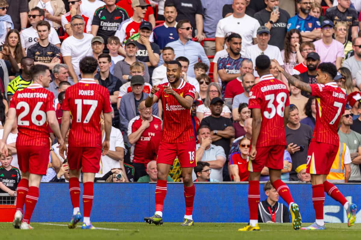 LIVERPOOL, ENGLAND - Sunday, May 11, 2025: Liverpool's Cody Gakpo celebrates after scoring the opening goal during the FA Premier League match between Liverpool FC and Arsenal FC at Anfield. (Photo by David Rawcliffe/Propaganda)