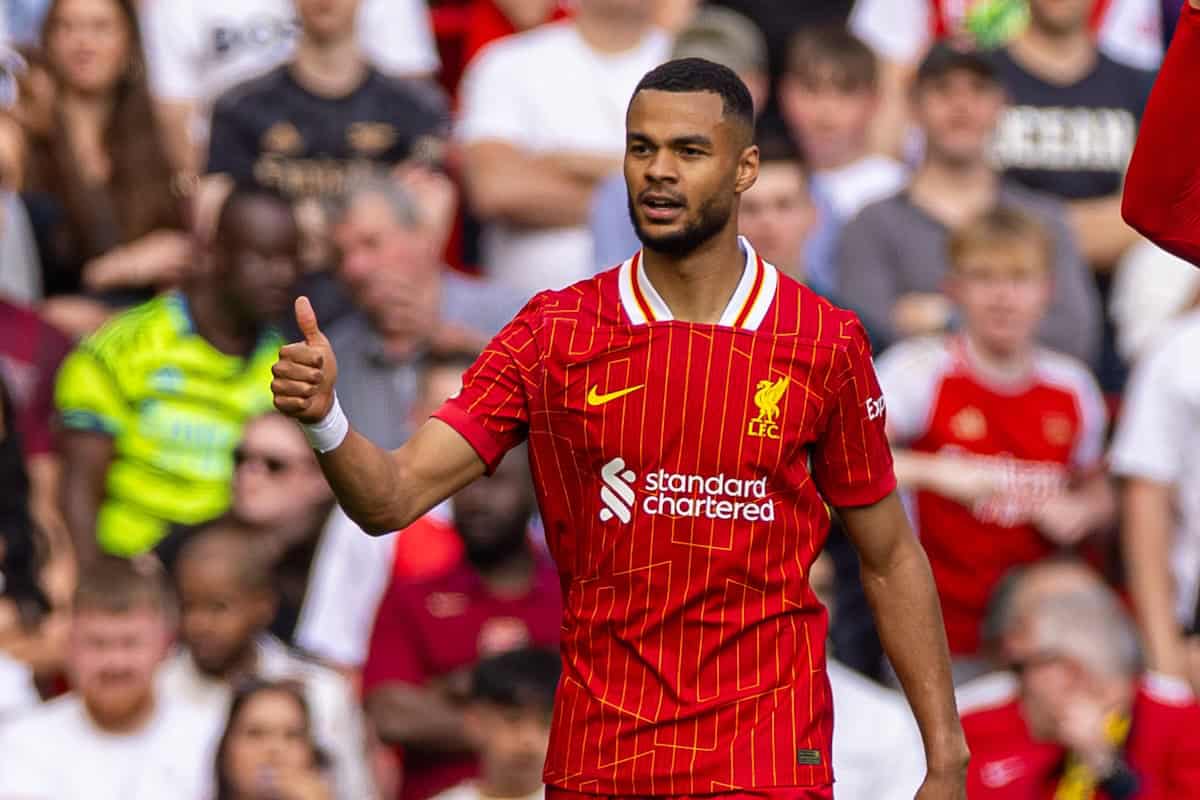 LIVERPOOL, ENGLAND - Sunday, May 11, 2025: Liverpool's Cody Gakpo celebrates after scoring the opening goal during the FA Premier League match between Liverpool FC and Arsenal FC at Anfield. (Photo by David Rawcliffe/Propaganda)