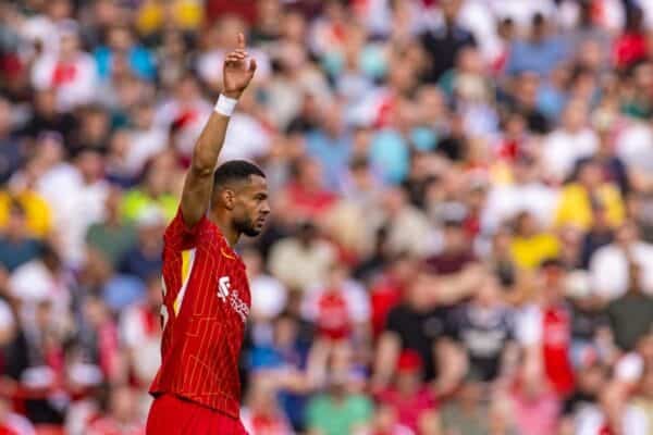 LIVERPOOL, ENGLAND - Sunday, May 11, 2025: Liverpool's Cody Gakpo celebrates after scoring the opening goal during the FA Premier League match between Liverpool FC and Arsenal FC at Anfield. (Photo by David Rawcliffe/Propaganda)