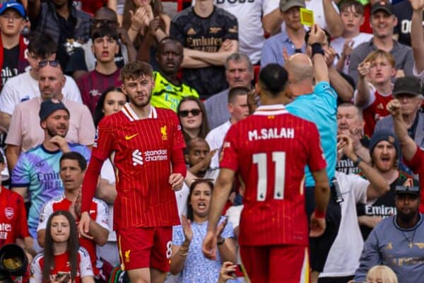 LIVERPOOL, ENGLAND - Sunday, May 11, 2025: Liverpool's Conor Bradley is shown a yellow card during the FA Premier League match between Liverpool FC and Arsenal FC at Anfield. (Photo by David Rawcliffe/Propaganda)