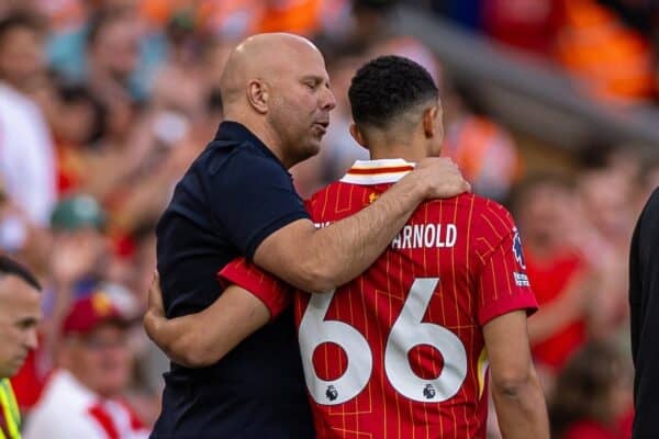 LIVERPOOL, ENGLAND - Sunday, May 11, 2025: Liverpool's head coach Arne Slot brings on substitute Trent Alexander-Arnold during the FA Premier League match between Liverpool FC and Arsenal FC at Anfield. (Photo by David Rawcliffe/Propaganda)