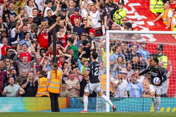 LIVERPOOL, ENGLAND - Sunday, May 11, 2025: Arsenal's Mikel Merino celebrates after scoring his side's second goal during the FA Premier League match between Liverpool FC and Arsenal FC at Anfield. (Photo by David Rawcliffe/Propaganda)
