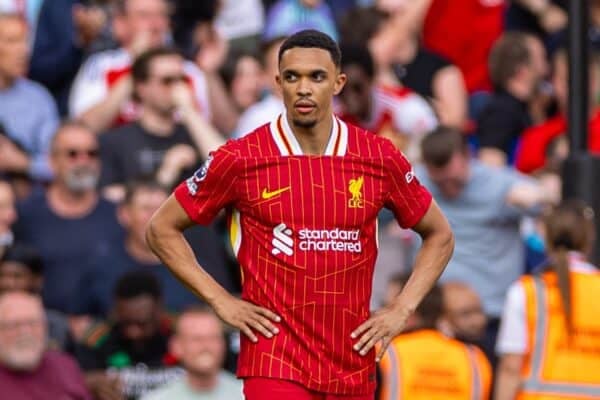 LIVERPOOL, ENGLAND - Sunday, May 11, 2025: Liverpool's Trent Alexander-Arnold reacts as Arsenal score an equalising goal to make the score 2-2 during the FA Premier League match between Liverpool FC and Arsenal FC at Anfield. (Photo by David Rawcliffe/Propaganda)