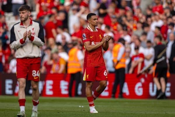 LIVERPOOL, ENGLAND - Sunday, May 11, 2025: Liverpool's Trent Alexander-Arnold applauds the supporters after the FA Premier League match between Liverpool FC and Arsenal FC at Anfield. (Photo by David Rawcliffe/Propaganda)