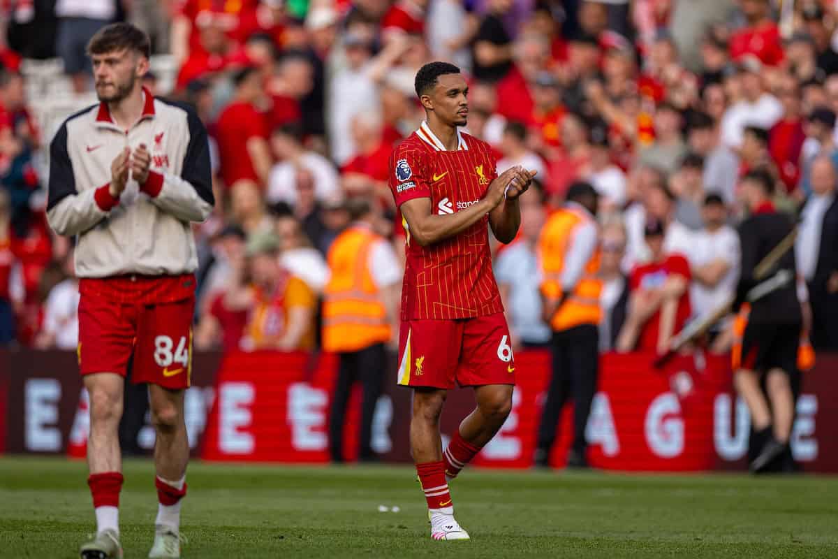 LIVERPOOL, ENGLAND - Sunday, May 11, 2025: Liverpool's Trent Alexander-Arnold applauds the supporters after the FA Premier League match between Liverpool FC and Arsenal FC at Anfield. (Photo by David Rawcliffe/Propaganda)