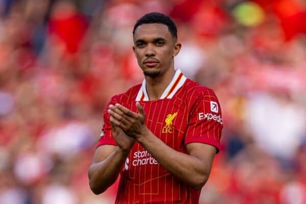 LIVERPOOL, ENGLAND - Sunday, May 11, 2025: Liverpool's Trent Alexander-Arnold applauds the supporters after the FA Premier League match between Liverpool FC and Arsenal FC at Anfield. (Photo by David Rawcliffe/Propaganda)