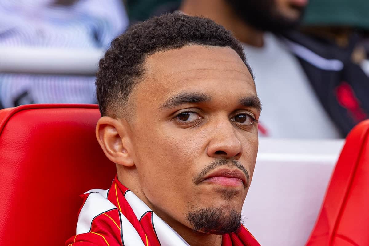 LIVERPOOL, ENGLAND - Sunday, May 11, 2025: Liverpool's substitute Trent Alexander-Arnold on the bench before the FA Premier League match between Liverpool FC and Arsenal FC at Anfield. (Photo by David Rawcliffe/Propaganda)