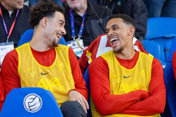 BRIGHTON & HOVE, ENGLAND - Monday, May 19, 2025: Liverpool's Curtis Jones (L) and Trent Alexander-Arnold (R) during the FA Premier League match between Brighton & Hove Albion FC and Liverpool FC at the American Express Community Stadium. (Photo by David Rawcliffe/Propaganda)