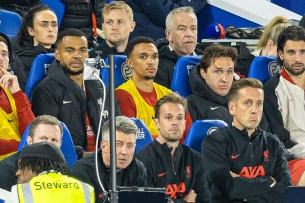 BRIGHTON & HOVE, ENGLAND - Monday, May 19, 2025: Liverpool's bench during the FA Premier League match between Brighton & Hove Albion FC and Liverpool FC at the American Express Community Stadium. (Photo by David Rawcliffe/Propaganda)