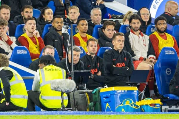 BRIGHTON & HOVE, ENGLAND - Monday, May 19, 2025: Liverpool's bench during the FA Premier League match between Brighton & Hove Albion FC and Liverpool FC at the American Express Community Stadium. (Photo by David Rawcliffe/Propaganda)