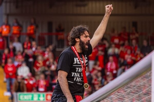 LIVERPOOL, ENGLAND - Sunday, May 25, 2025: Liverpool's goalkeeper Alisson Becker climbs onto the crossbar of the goal, as the team celebrate becoming Champions for the 20th time, after the FA Premier League match between Liverpool FC and Crystal Palace FC at Anfield. (Photo by David Rawcliffe/Propaganda)