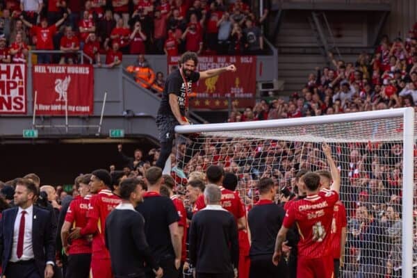 LIVERPOOL, ENGLAND - Sunday, May 25, 2025: Liverpool's goalkeeper Alisson Becker climbs onto the crossbar of the goal, as the team celebrate becoming Champions for the 20th time, after the FA Premier League match between Liverpool FC and Crystal Palace FC at Anfield. (Photo by David Rawcliffe/Propaganda)