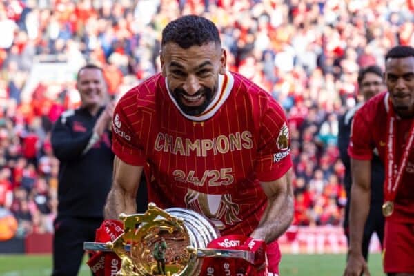 LIVERPOOL, ENGLAND - Sunday, May 25, 2025: Liverpool's Mohamed Salah lifts the trophy, as the team celebrate becoming Champions for the 20th time, after the FA Premier League match between Liverpool FC and Crystal Palace FC at Anfield. (Photo by David Rawcliffe/Propaganda)