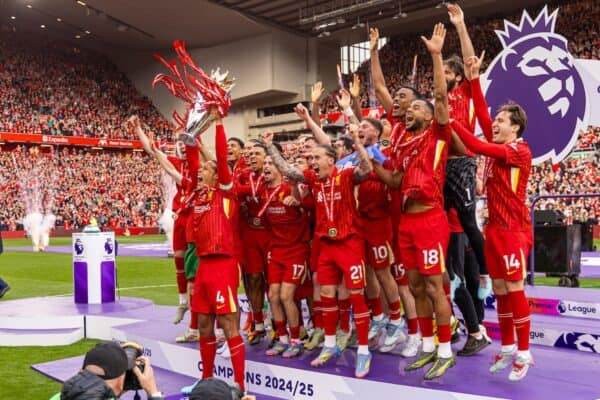 LIVERPOOL, ENGLAND - Sunday, May 25, 2025: Liverpool's Virgil van Dijkl ifts the Premier League trophy, as the Reds celebrate being crowned Champions for the 20th time, during the FA Premier League match between Liverpool FC and Crystal Palace FC at Anfield. (Photo by David Rawcliffe/Propaganda)