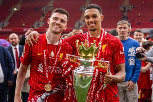 LIVERPOOL, ENGLAND - Sunday, May 25, 2025: Liverpool's Andy Robertson (L) and Trent Alexander-Arnold celebrate with the Premier League trophy, as the team celebrate becoming Champions for the 20th time, after the FA Premier League match between Liverpool FC and Crystal Palace FC at Anfield. (Photo by David Rawcliffe/Propaganda)