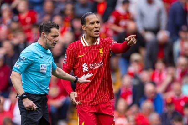 LIVERPOOL, ENGLAND - Sunday, May 25, 2025: Liverpool's captain Virgil van Dijk appeals for a penalty during the FA Premier League match between Liverpool FC and Crystal Palace FC at Anfield. (Photo by David Rawcliffe/Propaganda)