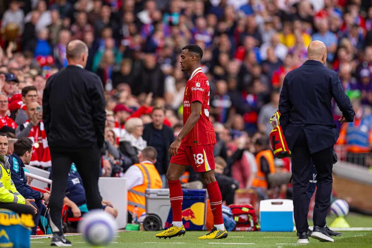 LIVERPOOL, ENGLAND - Sunday, May 25, 2025: Liverpool's Ryan Gravenberch is shown a red card and sent off during the FA Premier League match between Liverpool FC and Crystal Palace FC at Anfield. (Photo by David Rawcliffe/Propaganda)