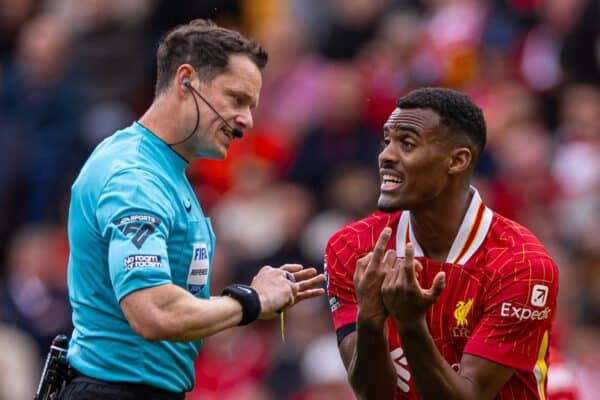 LIVERPOOL, ENGLAND - Sunday, May 25, 2025: Liverpool's Ryan Gravenberch is shown a yellow card during the FA Premier League match between Liverpool FC and Crystal Palace FC at Anfield. (Photo by David Rawcliffe/Propaganda)