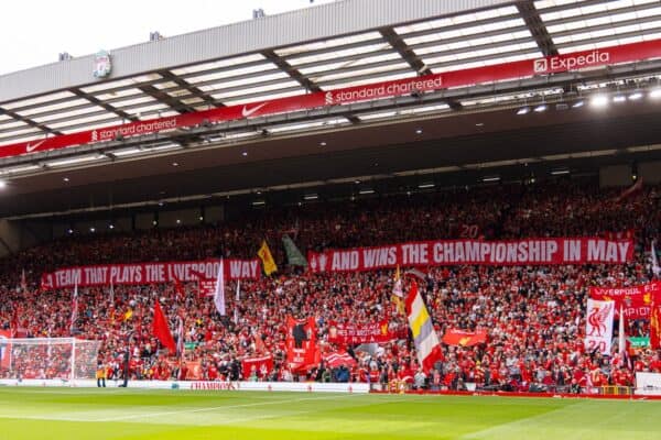 LIVERPOOL, ENGLAND - Sunday, May 25, 2025: Liverpool supporters on the Spion Kop during the FA Premier League match between Liverpool FC and Crystal Palace FC at Anfield. (Photo by David Rawcliffe/Propaganda)
