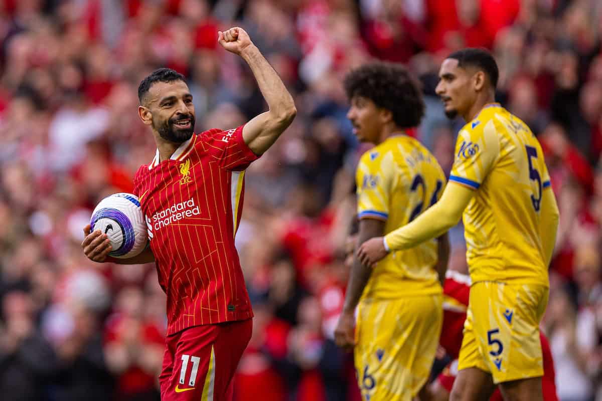LIVERPOOL, ENGLAND - Sunday, May 25, 2025: Liverpool's Mohamed Salah celebrates after scoring his side's first goal during the FA Premier League match between Liverpool FC and Crystal Palace FC at Anfield. (Photo by David Rawcliffe/Propaganda)
