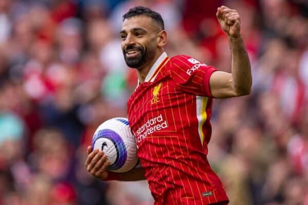 LIVERPOOL, ENGLAND - Sunday, May 25, 2025: Liverpool's Mohamed Salah celebrates after scoring his side's first goal during the FA Premier League match between Liverpool FC and Crystal Palace FC at Anfield. (Photo by David Rawcliffe/Propaganda)