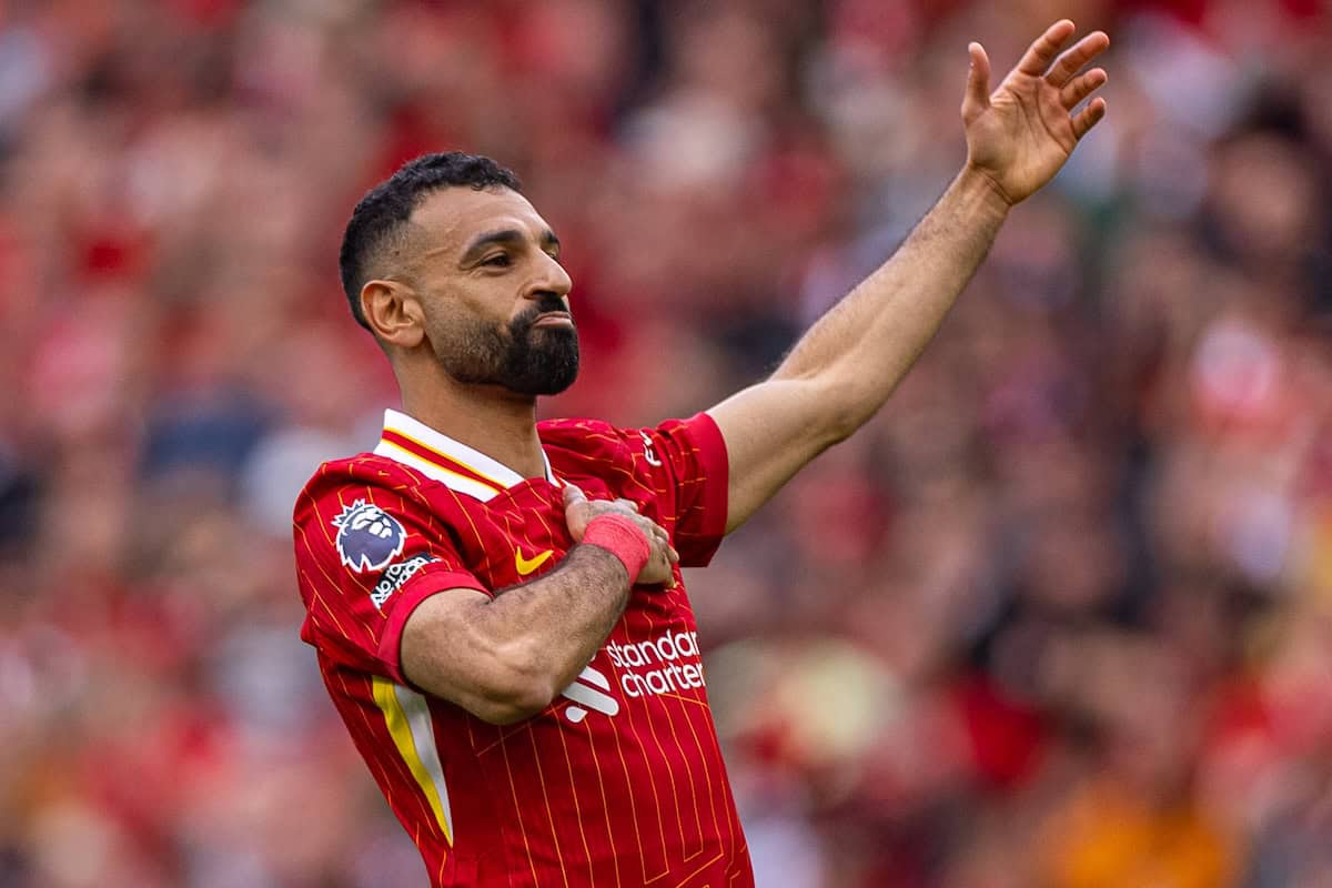 LIVERPOOL, ENGLAND - Sunday, May 25, 2025: Liverpool's Mohamed Salah celebrates after scoring his side's first goal during the FA Premier League match between Liverpool FC and Crystal Palace FC at Anfield. (Photo by David Rawcliffe/Propaganda)