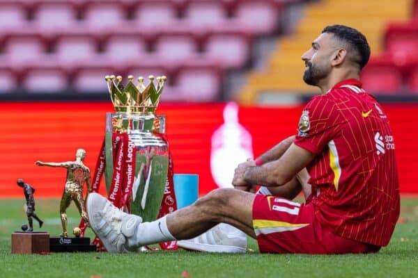 LIVERPOOL, ENGLAND - Sunday, May 25, 2025: Liverpool's Mohamed Salah poses for photographs with his golden boots and the Premier League trophy after the FA Premier League match between Liverpool FC and Crystal Palace FC at Anfield. (Photo by David Rawcliffe/Propaganda)