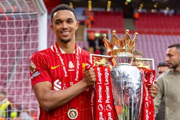 LIVERPOOL, ENGLAND - Sunday, May 25, 2025: Liverpool's Trent Alexander-Arnold celebrates with the Premier League trophy, as the team celebrate becoming Champions for the 20th time, after the FA Premier League match between Liverpool FC and Crystal Palace FC at Anfield. (Photo by David Rawcliffe/Propaganda)