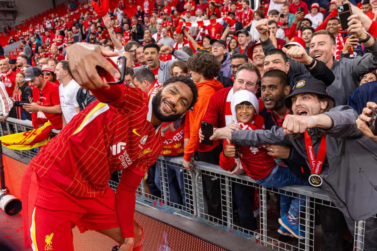 LIVERPOOL, ENGLAND - Sunday, May 25, 2025: Liverpool's Joe Gomez celebrates with supporters, as the team celebrate becoming Champions for the 20th time, after the FA Premier League match between Liverpool FC and Crystal Palace FC at Anfield. (Photo by David Rawcliffe/Propaganda)