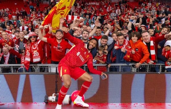 LIVERPOOL, ENGLAND - Sunday, May 25, 2025: Liverpool's Joe Gomez with supporters, as the team celebrate becoming Champions for the 20th time, after the FA Premier League match between Liverpool FC and Crystal Palace FC at Anfield. (Photo by David Rawcliffe/Propaganda)