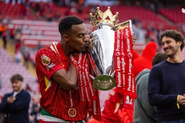 LIVERPOOL, ENGLAND - Sunday, May 25, 2025: Liverpool's Ryan Gravenberch with the trophy, as the team celebrate becoming Champions for the 20th time, after the FA Premier League match between Liverpool FC and Crystal Palace FC at Anfield. (Photo by David Rawcliffe/Propaganda)