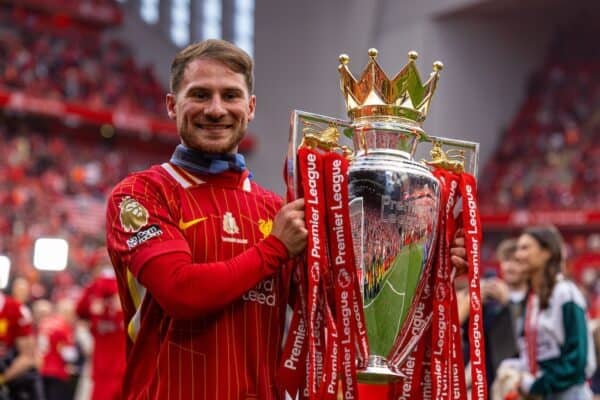 LIVERPOOL, ENGLAND - Sunday, May 25, 2025: Liverpool's Alexis Mac Allister with the trophy, as the team celebrate becoming Champions for the 20th time, after the FA Premier League match between Liverpool FC and Crystal Palace FC at Anfield. (Photo by David Rawcliffe/Propaganda)