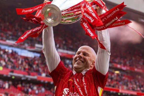 LIVERPOOL, ENGLAND - Sunday, May 25, 2025: Liverpool's head coach Arne Slot with the trophy, as the team celebrate becoming Champions for the 20th time, after the FA Premier League match between Liverpool FC and Crystal Palace FC at Anfield. (Photo by David Rawcliffe/Propaganda)