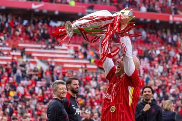 LIVERPOOL, ENGLAND - Sunday, May 25, 2025: Liverpool's head coach Arne Slot with the trophy, as the team celebrate becoming Champions for the 20th time, after the FA Premier League match between Liverpool FC and Crystal Palace FC at Anfield. (Photo by David Rawcliffe/Propaganda)