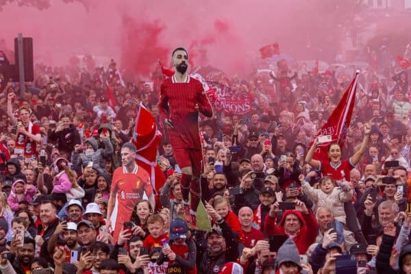 LIVERPOOL, ENGLAND - Monday, May 26, 2025: Liverpool's supporters' cardboard cut-out of Mohamed Salah during an open top bus parade through the city as the Reds celebrate winning the FA Premier League and becoming Champions of England for the 20th time. (Photo by David Rawcliffe/Propaganda)